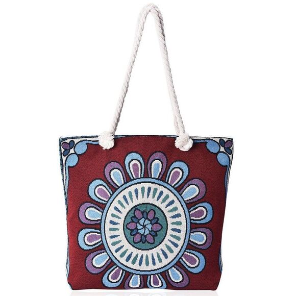 Handbags - Flower Pattern Jute Tote Bag Maroon